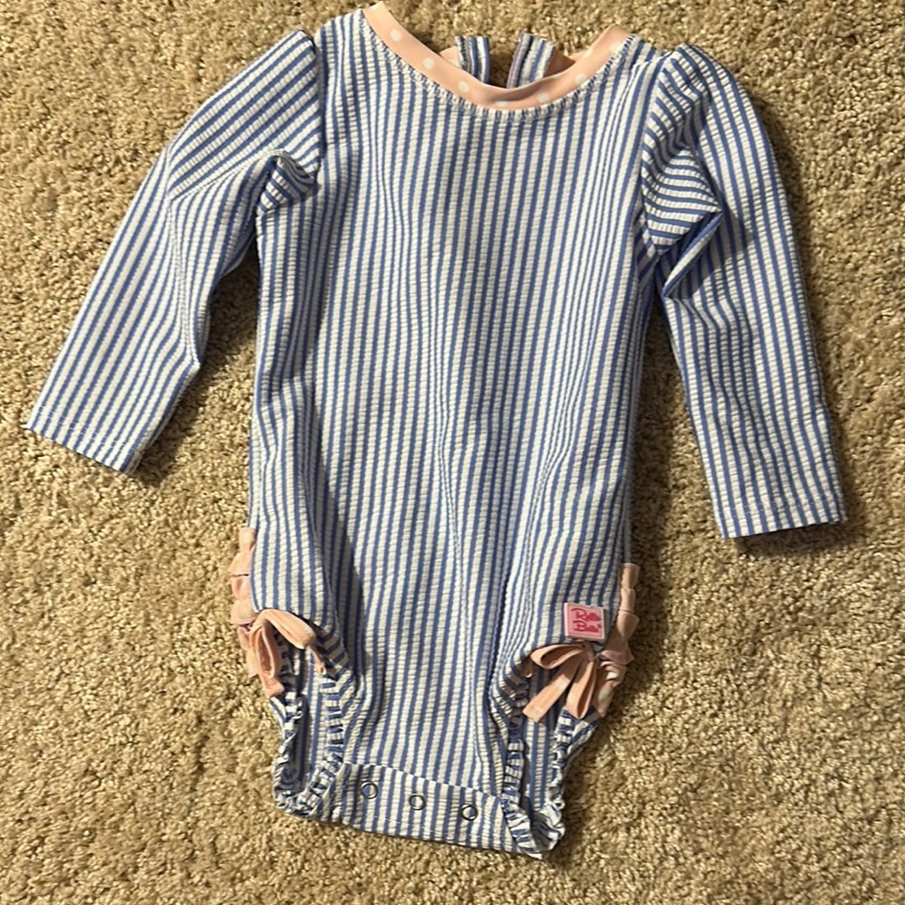 Ruffle Butts Blue and Pink Striped Kids One Piece